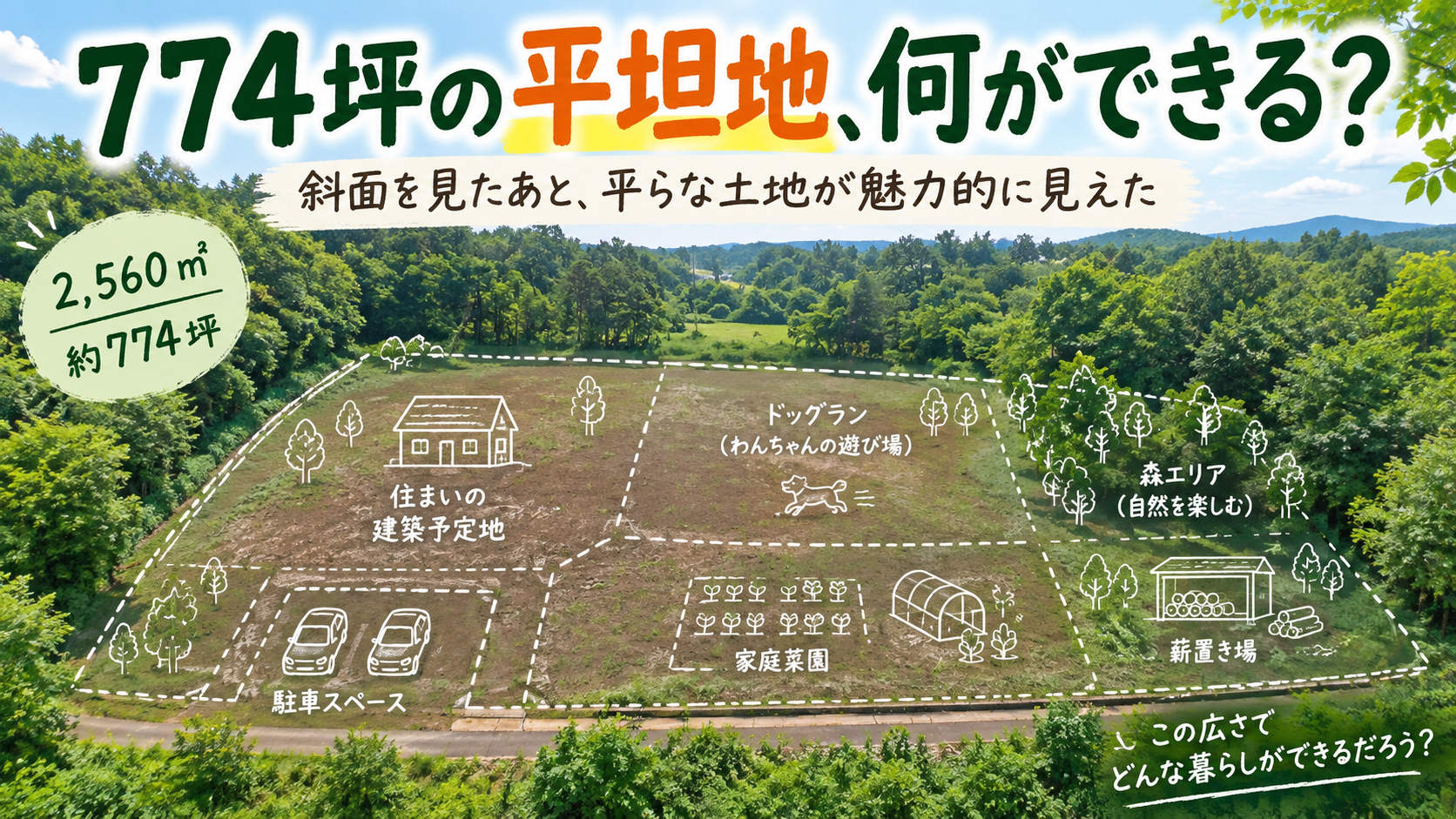 斜面を見たあと、774坪の平坦地に目が止まった