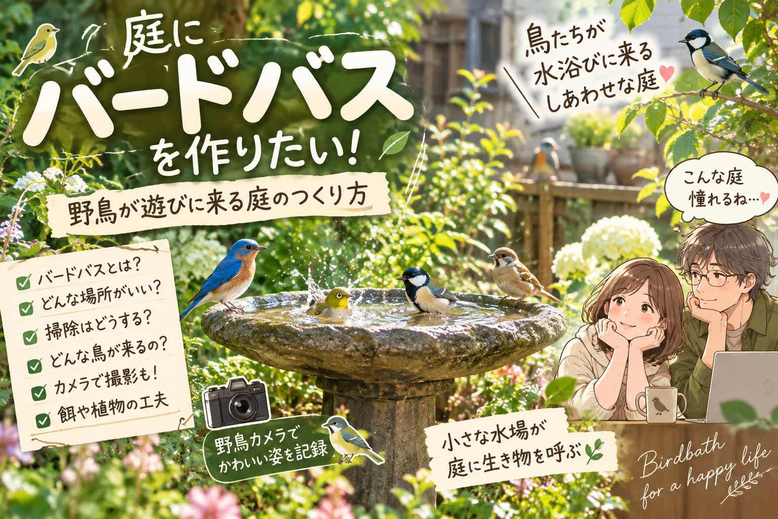 野鳥が水浴びに来るバードバスがある庭ってどう作る？